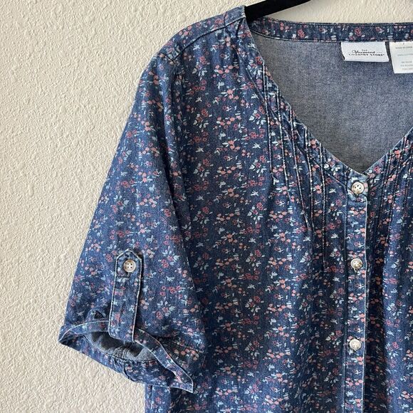 Vermont Country Store Denim Dress Womens Sm Floral Button Front Cottage Prairie - Picture 4 of 15